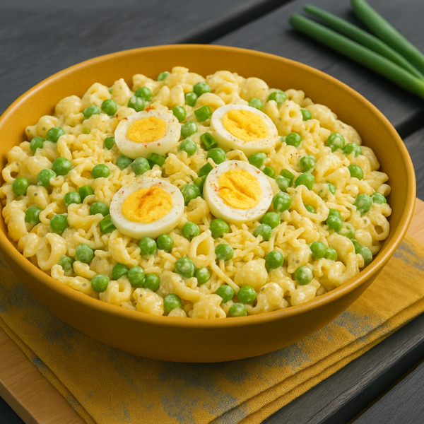 Romige pastasalade met erwten, kaas en ei