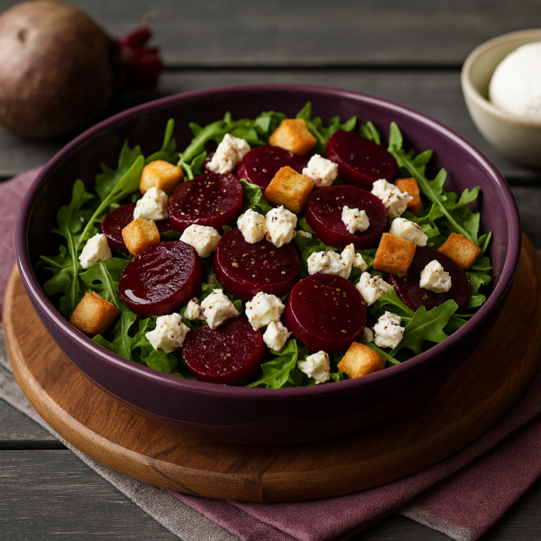 Bietensalade met rucola, geitenkaas en croutons