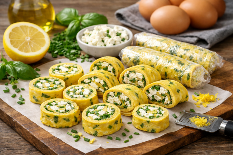 Omeletrolletjes met feta en kruiden
