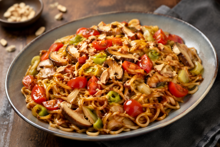 Japanse mie met prei, shiitake, cherrytomaten en amandelen
