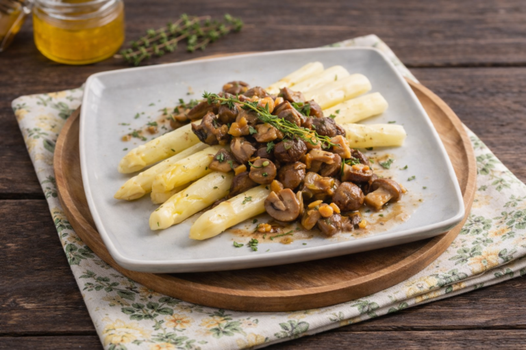 Geroosterde witte asperges met paddestoelen, tijm en walnoten
