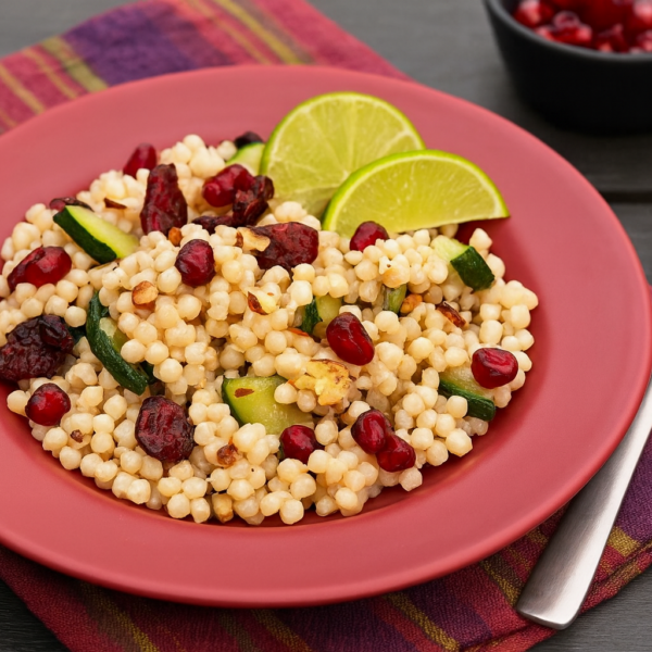 Parelcouscous salade met granaatappel, munt en amandel