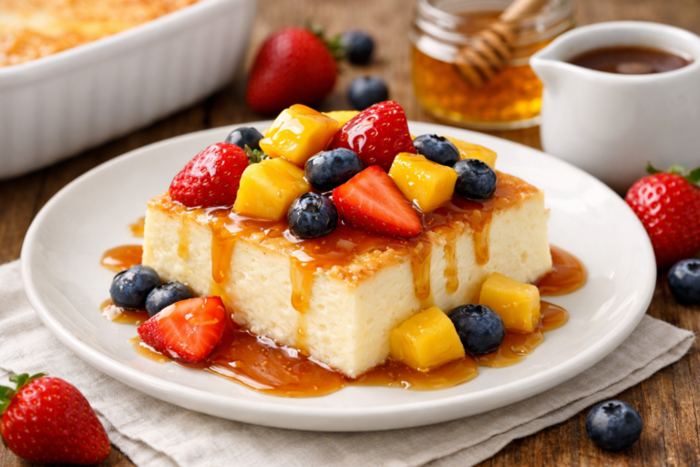 Gebakken yoghurtpudding met fruit en saus